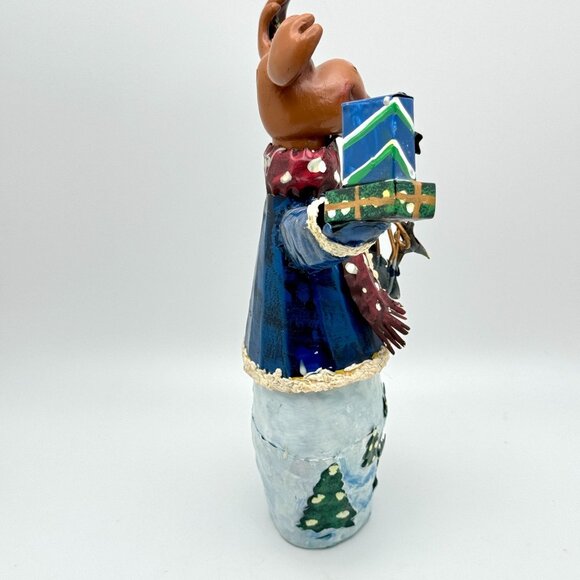 Hand-Painted Christmas Moose Figurine Holding Gift & Bird Metal 8" - Picture 7 of 7